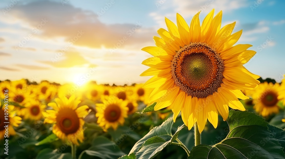 Fototapeta premium Vibrant Sunflowers at Sunset Golden Field Summer Blooms