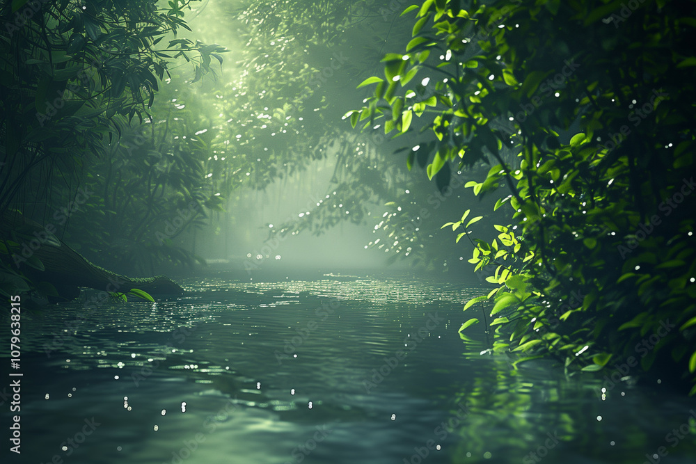 A dense tropical rainforest, thick green foliage, towering trees covered in vines, light filtering through the canopy, casting speckled shadows, a crystal-clear river flowing through the center. A dense tropical rainforest, thick green foliage, towering trees covered in vines, light filtering through the canopy, casting speckled shadows, a crystal-clear river flowing through the center.
