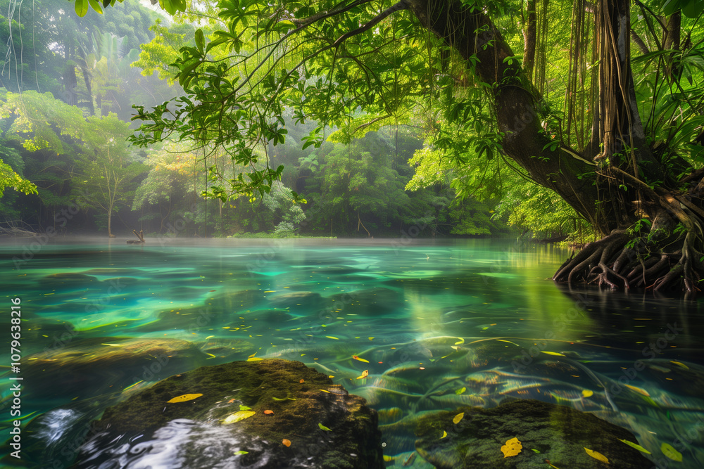 A dense tropical rainforest, thick green foliage, towering trees covered in vines, light filtering through the canopy, casting speckled shadows, a crystal-clear river flowing through the center. A dense tropical rainforest, thick green foliage, towering trees covered in vines, light filtering through the canopy, casting speckled shadows, a crystal-clear river flowing through the center.