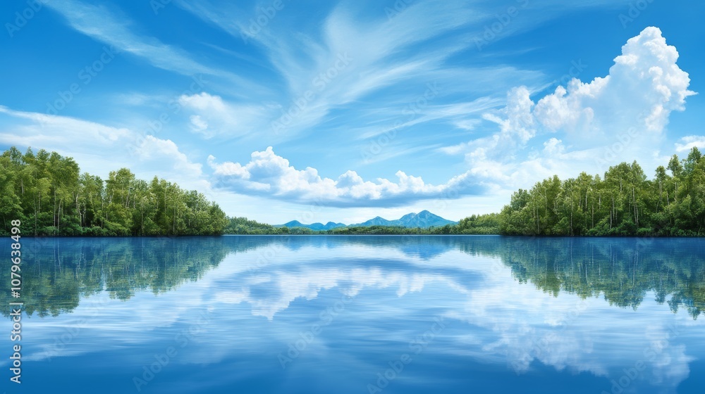 Serene Lake Lush Green Trees Blue Sky Mountain Reflection Tranquil Nature Scene Serene Lake Lush Green Trees Blue Sky Mountain Reflection Tranquil Nature Scene