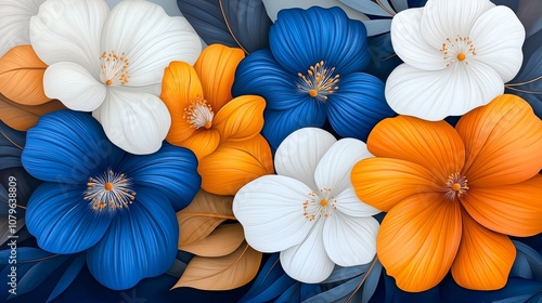 Vibrant Blue White Orange Flowers Floral Design Botanical Art Nature Wallpaper