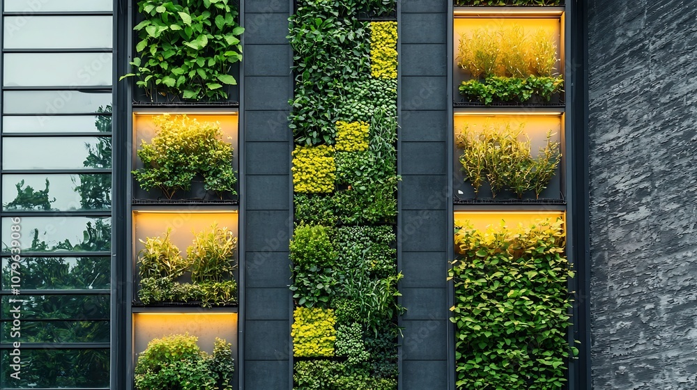 Fototapeta premium Thriving Vertical Garden with Herbs and Vegetables Under Innovative LED Lighting System An Eco friendly Sustainable and High tech Indoor Farming Concept for Urban Environments