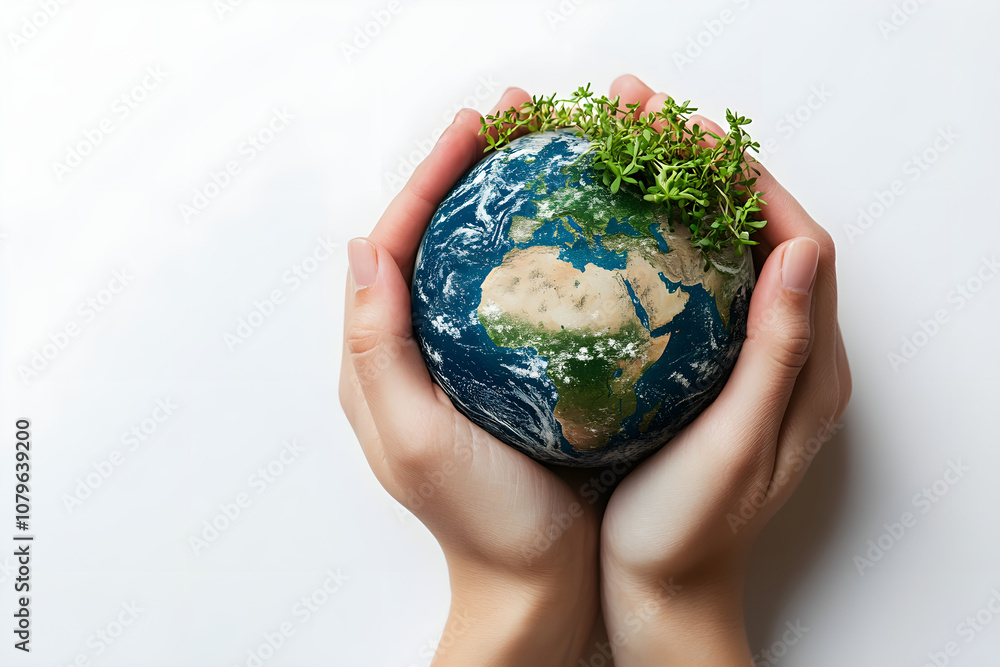 Hands Holding Earth Globe with Growing Green Plants on White Background - Environmental Conservation Concept. Hands Holding Earth Globe with Growing Green Plants on White Background - Environmental Conservation Concept.