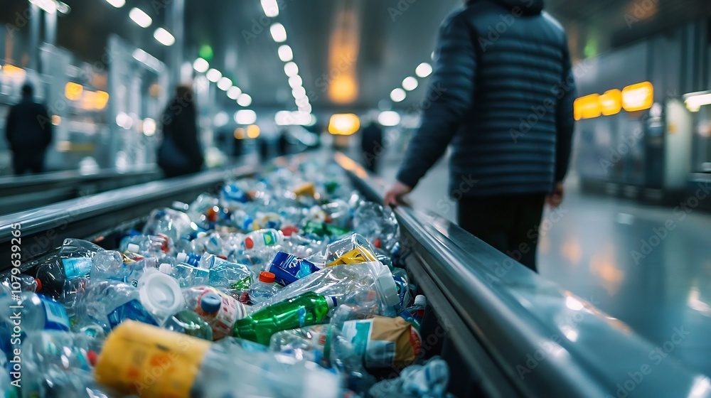 Obraz premium Traveler carefully sorting and disposing of recyclable waste at an airport terminal promoting sustainable travel habits and environmental responsibility during the journey