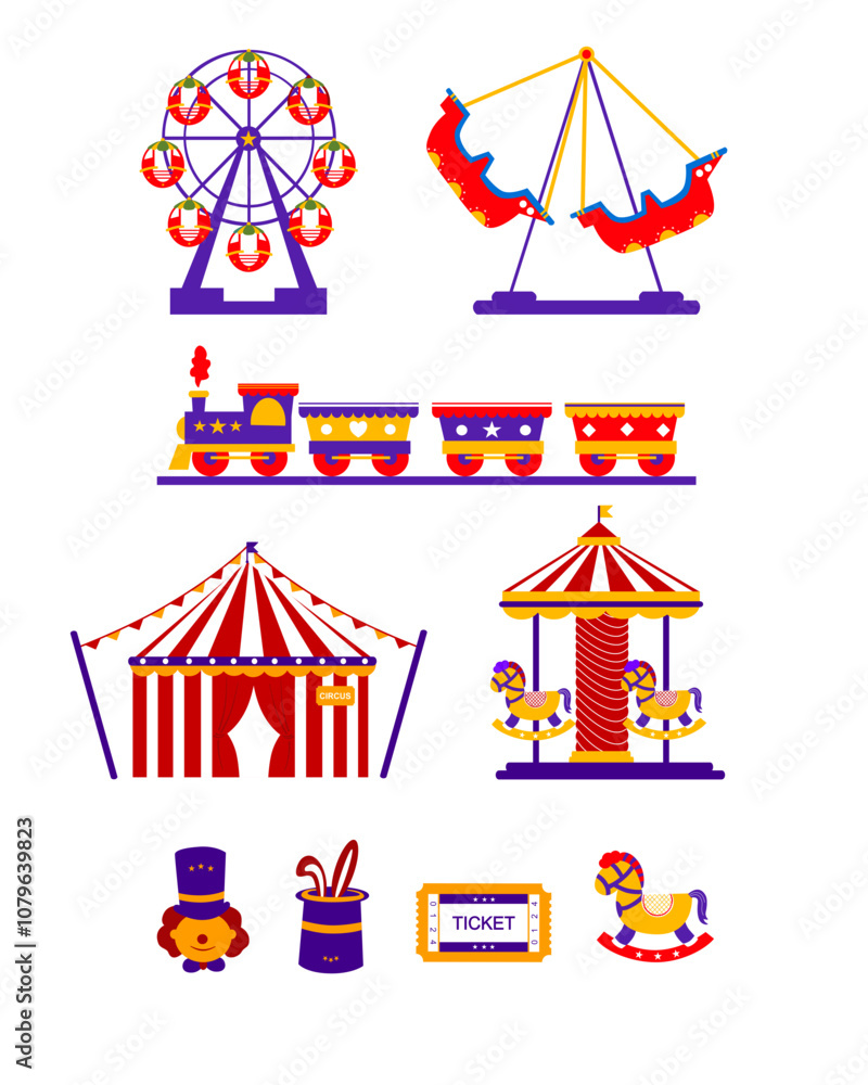 Colorful Carnival Icons Including Ferris Wheel and Circus Tent Colorful Carnival Icons Including Ferris Wheel and Circus Tent