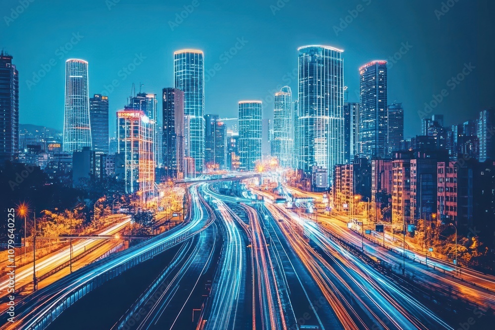 Fototapeta premium A vibrant cityscape at night with illuminated skyscrapers and light trails on a busy road.
