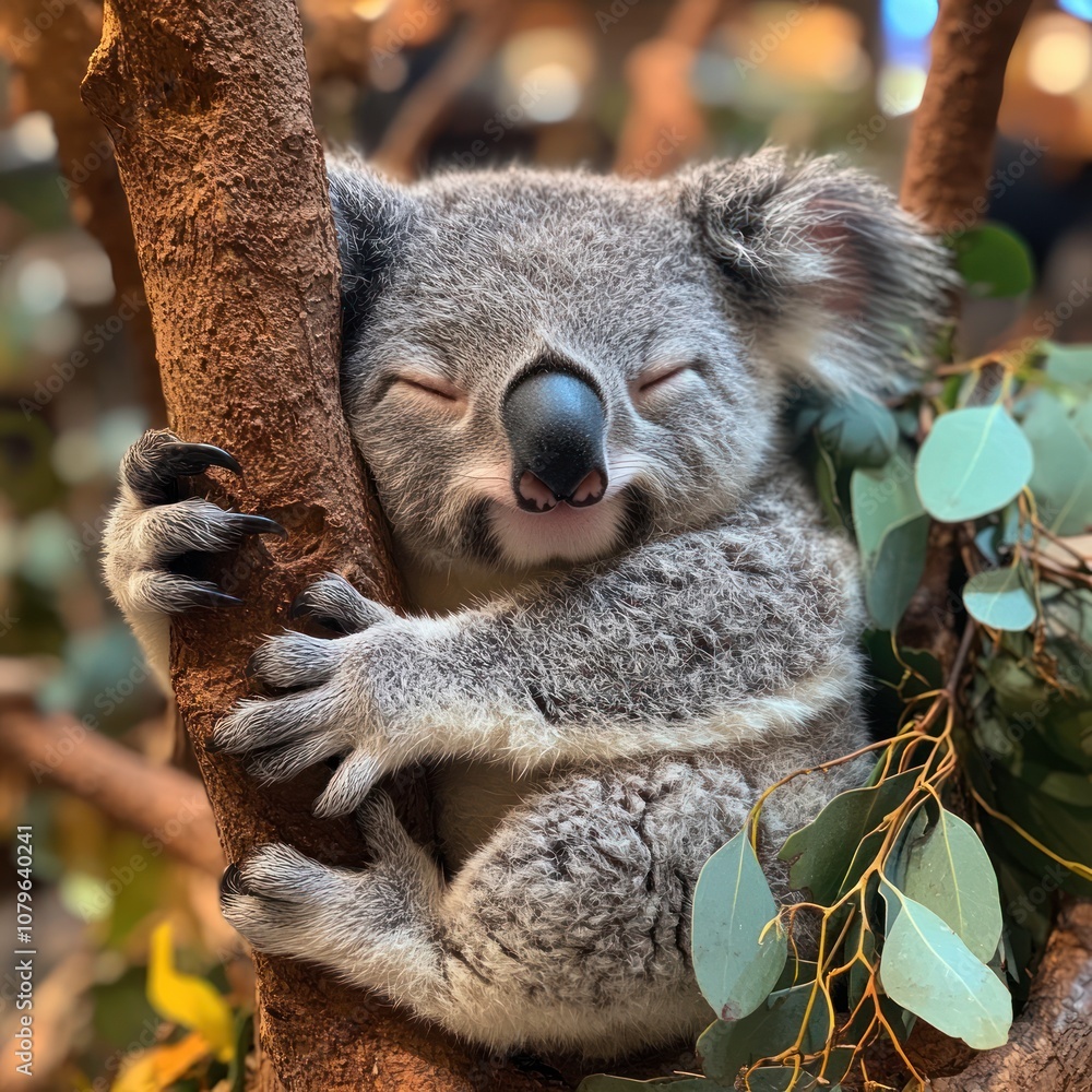 Fototapeta premium A cuddly koala bear sleeping in a tree with eucalyptus leaves.