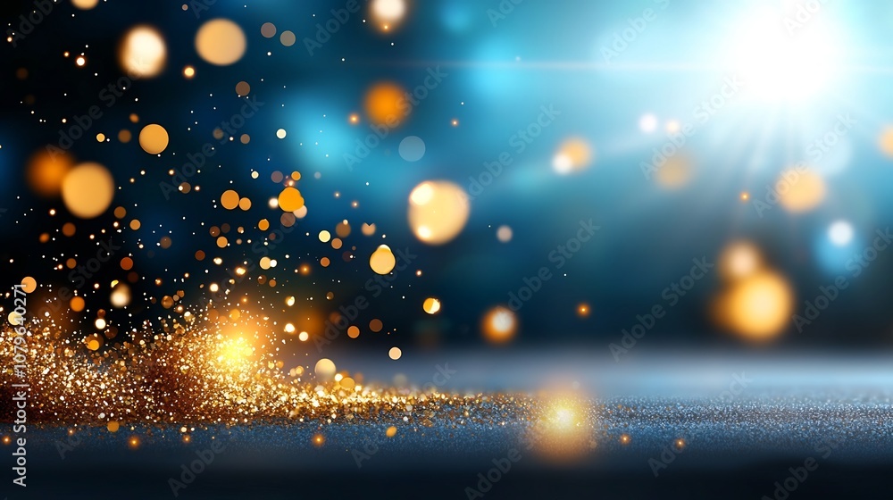 Fototapeta premium Vibrant golden glitter explosion with sparkling particles and light rays radiating from the center creating a dazzling celebratory background texture Digitally rendered with a festive