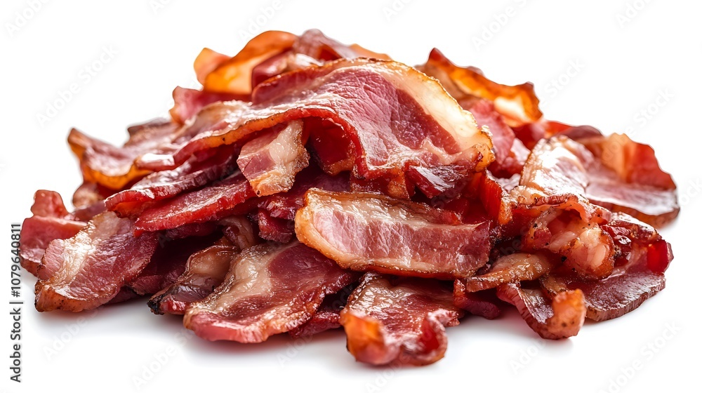 Slices of smoked bacon with rosemary on white background Slices of smoked bacon with rosemary on white background