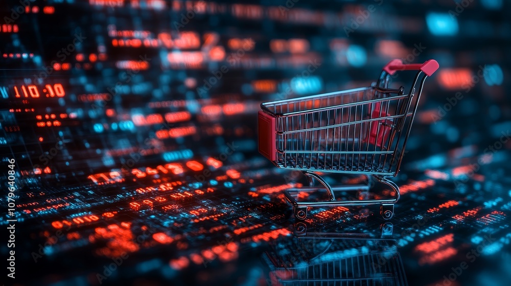 Digital hologram of a shopping cart on a digital background with stock market data, global network, and cyber connections. Represents online e-commerce, digital marketing, and business technology. Digital hologram of a shopping cart on a digital background with stock market data, global network, and cyber connections. Represents online e-commerce, digital marketing, and business technology.