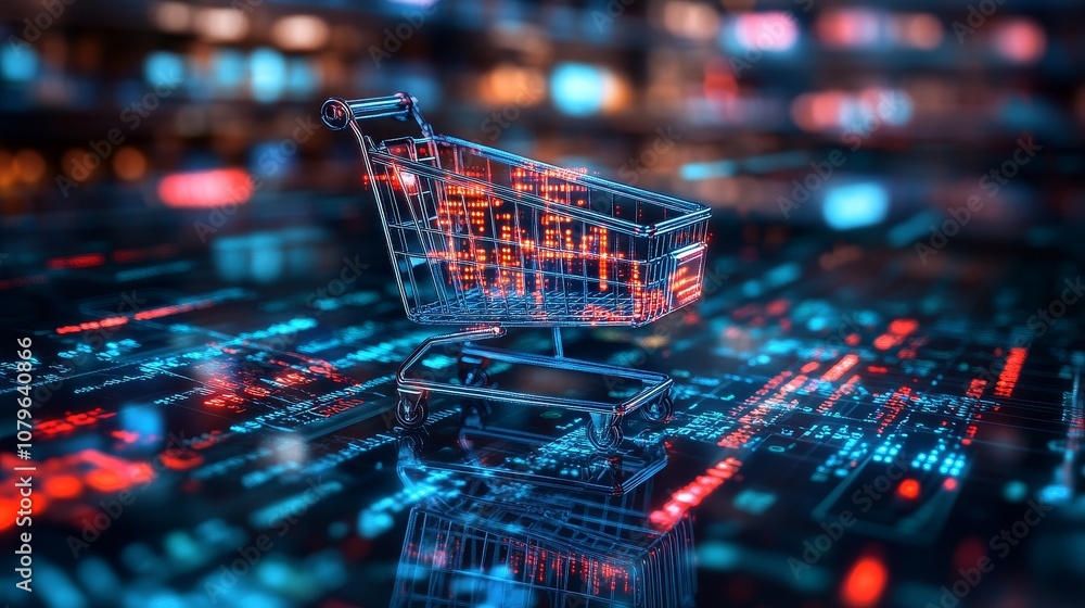 Digital hologram of a shopping cart on a digital background with stock market data, global network, and cyber connections. Represents online e-commerce, digital marketing, and business technology. Digital hologram of a shopping cart on a digital background with stock market data, global network, and cyber connections. Represents online e-commerce, digital marketing, and business technology.
