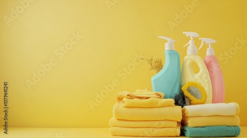 Cleaning Supplies and Towels on Yellow Background
