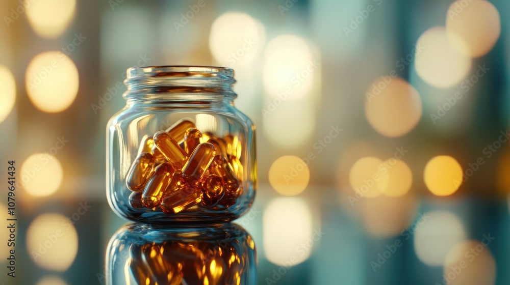 Glass Jar of Pills with Blurred Background Glass Jar of Pills with Blurred Background