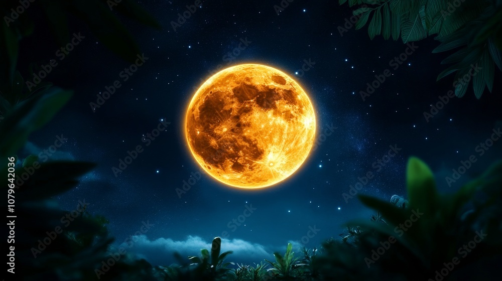 Tropical Night Giant Orange Moon over Lush Jungle Tropical Night Giant Orange Moon over Lush Jungle