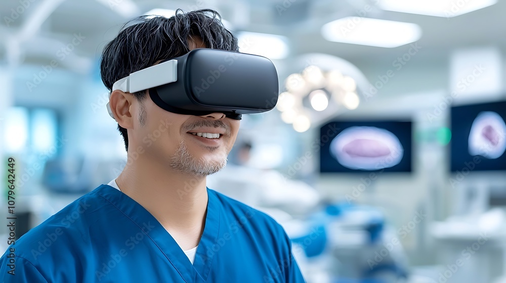Man wearing virtual reality headset exploring futuristic digital workspace with advanced technology and simulation Concept of innovation progress Man wearing virtual reality headset exploring futuristic digital workspace with advanced technology and simulation Concept of innovation progress
