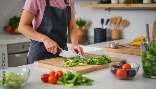 A person chopping vegetables in a modern kitchen, with ingredients and utensils neatly arranged.
