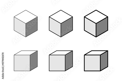 Icon Set of Parallel Projection and Isometric Wireframe Solid Shaded Cubes with Various Lineweights from Thin to Thick Lines. Vector Image.