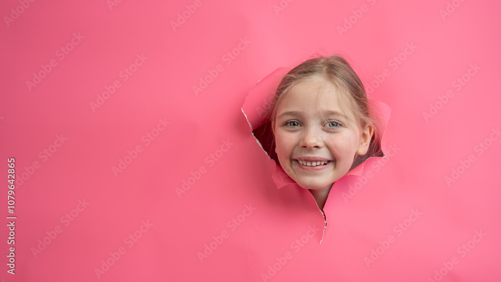 Cute Caucasian girl peeks out of a hole in a paper pink background. Cute Caucasian girl peeks out of a hole in a paper pink background.