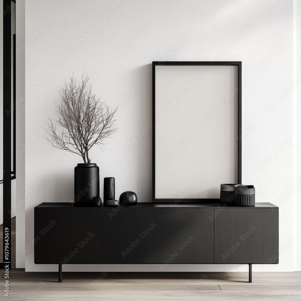 This scene has a black sideboard in front of a white wall, with an empty vertical frame. The simple and uncluttered layout gives it an elegant and contemporary look. This scene has a black sideboard in front of a white wall, with an empty vertical frame. The simple and uncluttered layout gives it an elegant and contemporary look.