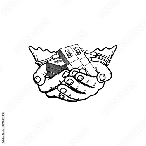 handcuffed left and right hands receiving a lot of black and white money vector line art