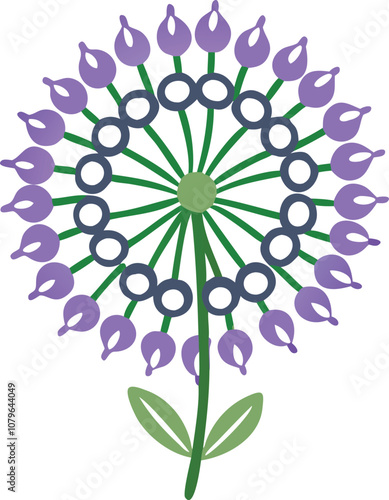 Purple Dandelion Flower Vector Illustration, Colorful vector illustration of a stylized dandelion flower with purple buds, green stem, and leaves, showcasing a unique floral design.
