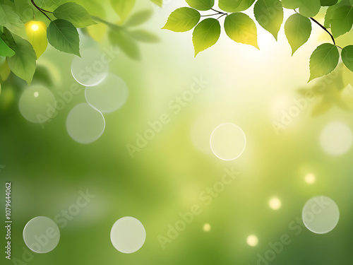 PSD Abstract Green Bokeh Background with Sun Rays nature, bright, sunlight, summer leaf