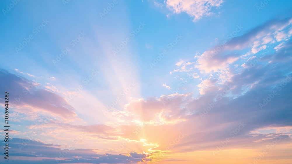 Naklejka premium Bright sunbeams painting sky in pastel shades