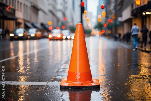 Orange traffic cone on wet asphalt road with large hole on background, symbolizing caution and safety in construction area photo