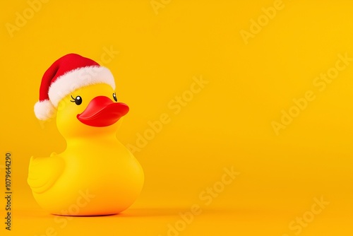 Rubber duck wearing a Santa hat, placed on a yellow background.