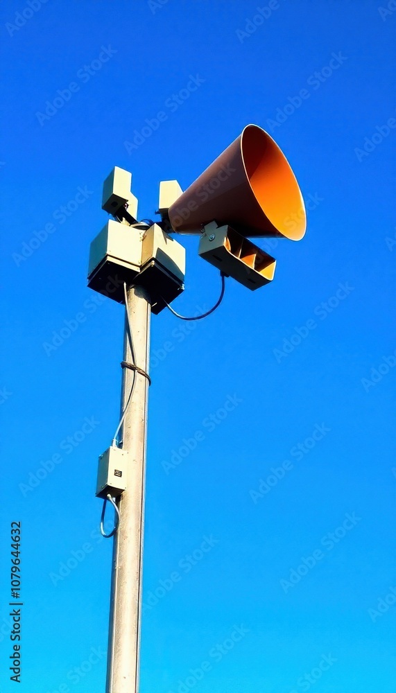 A tall pole with an alarm siren and multiple speakers mounted on it, standing against a clear blue sky. The siren and speakers are detailed, with shadows and highlights that emphasize their structure. A tall pole with an alarm siren and multiple speakers mounted on it, standing against a clear blue sky. The siren and speakers are detailed, with shadows and highlights that emphasize their structure.