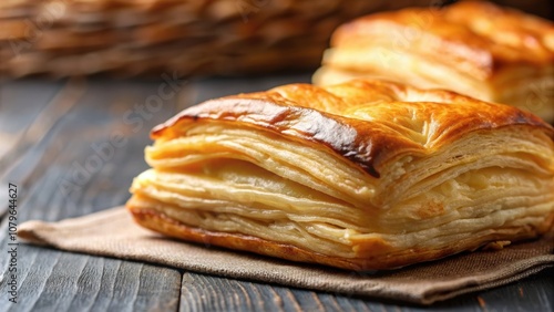 Freshly baked flaky golden pastry up close , golden, flaky, pastry, freshly baked, delicious, close-up, baked goods, homemade