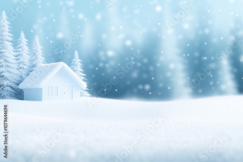 Illustration of a white cottage in the snow, winter snowy forest landscape.