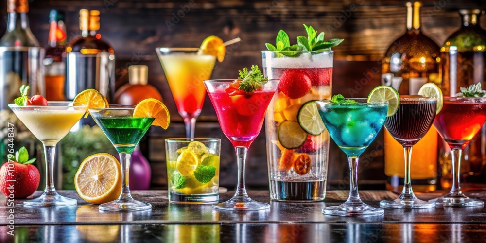 Colorful cocktails with unique garnishes on a sleek bar table, cocktail, colorful, garnish, creative, glass, modern, bar Colorful cocktails with unique garnishes on a sleek bar table, cocktail, colorful, garnish, creative, glass, modern, bar