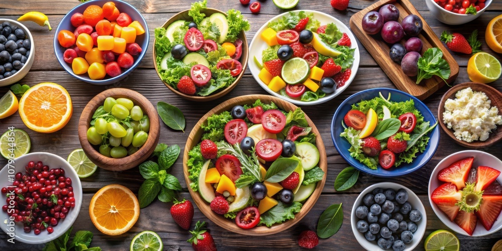 Fruit display with colorful salads and fresh fruits , healthy, organic, tropical, vibrant, market, diet Fruit display with colorful salads and fresh fruits , healthy, organic, tropical, vibrant, market, diet