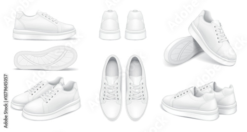 Comfortable sneakers design template realistic vector illustration set. Running shoes various perspectives 3d models on white background