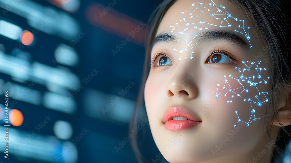 Futuristic digital portrait of a captivating woman with a contemplative expression her face illuminated by a constellation of glowing stars and cosmic elements evoking a sense of imagination Futuristic digital portrait of a captivating woman with a contemplative expression her face illuminated by a constellation of glowing stars and cosmic elements evoking a sense of imagination