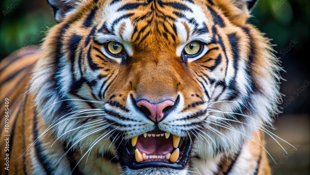 Obraz premium Close-up of Asian tiger fangs, showing their sharpness and strength, tiger, fangs, predator, wildlife, powerful, teeth, fierce