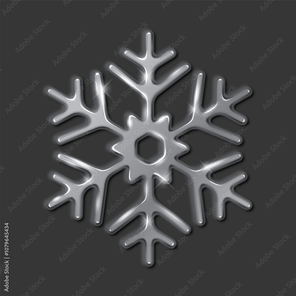 Silver snowflake with sparkling effect realistic vector illustration. Christmas holiday frozen decor 3d object on black background Silver snowflake with sparkling effect realistic vector illustration. Christmas holiday frozen decor 3d object on black background