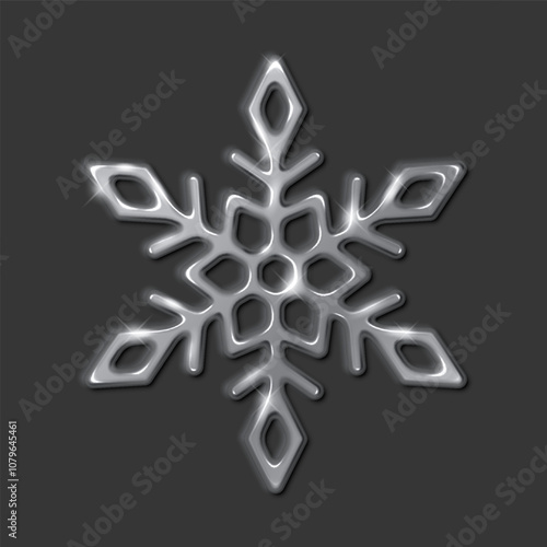 Shimmering silver snowflake with embossed effect realistic vector illustration. Winter season and holiday festivities 3d object on black