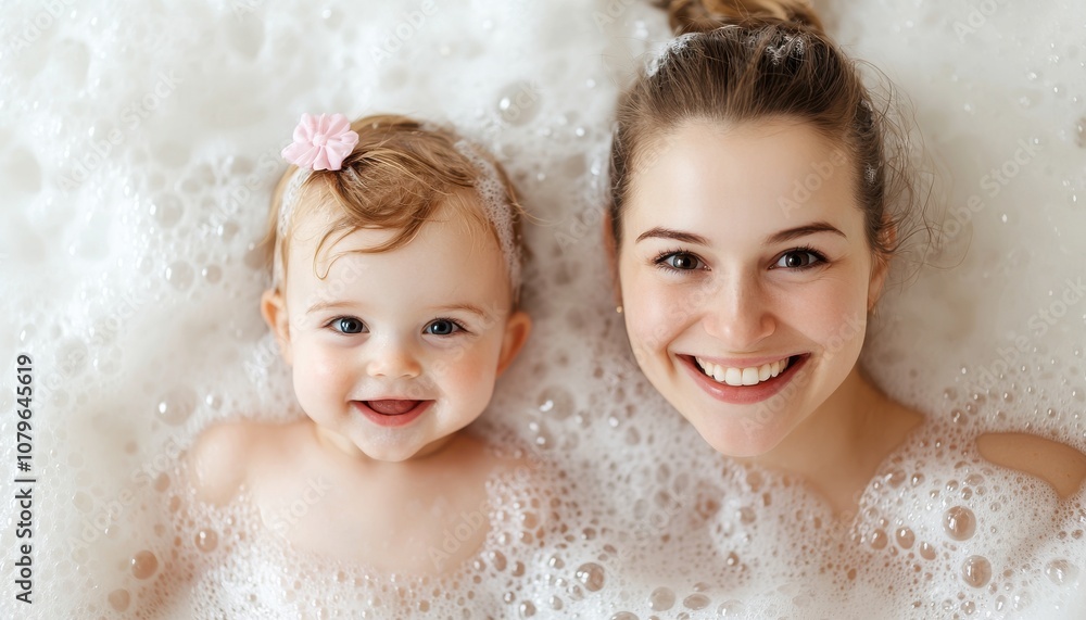 A joyful mother and baby smiling together in a bubble bath, enjoying a playful moment filled with laughter and affection. A joyful mother and baby smiling together in a bubble bath, enjoying a playful moment filled with laughter and affection.