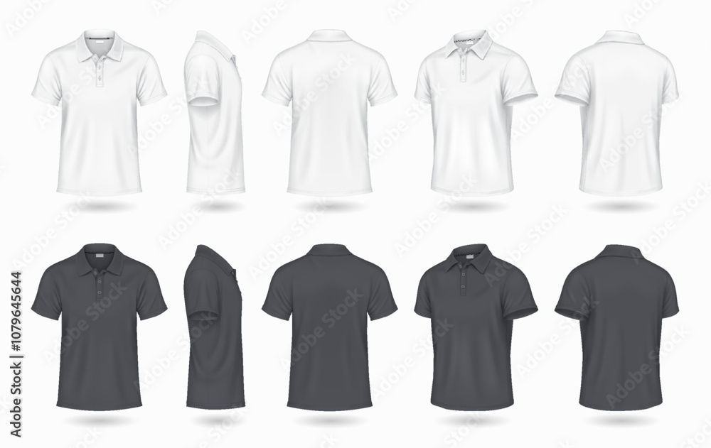 Classic polo shirts for men mockup design realistic vector illustration set. Casual black and white clothing with copy space 3d models on white background Classic polo shirts for men mockup design realistic vector illustration set. Casual black and white clothing with copy space 3d models on white background