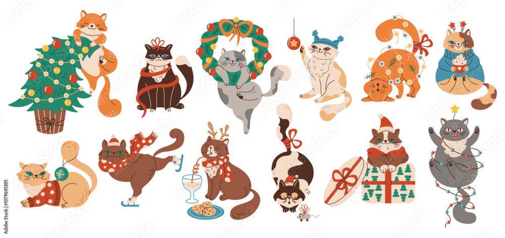 Fototapeta premium Funny new year cats naughty behavior flat color vector characters set. Christmas holidays with pets illustrations bundle on white background