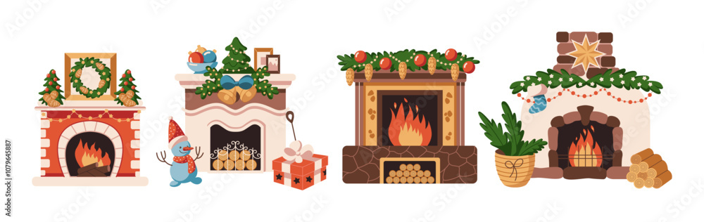 Fototapeta premium Fireplaces with Christmas decorations flat color vector objects set. Holiday atmosphere at home illustrations bundle on white background