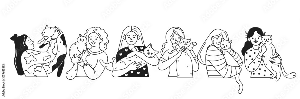 Happy women caressing adorable cats linear icons collection. Female pet owners with domestic animals characters set on white background Happy women caressing adorable cats linear icons collection. Female pet owners with domestic animals characters set on white background