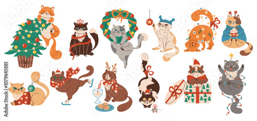 Funny new year cats naughty behavior flat color vector characters set. Christmas holidays with pets illustrations bundle on white background