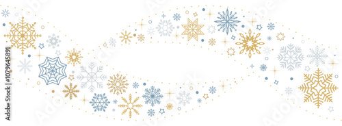 Snowflakes wavy seamless pattern flat color vector frame. Happy winter holidays and Christmas celebration illustration on white background