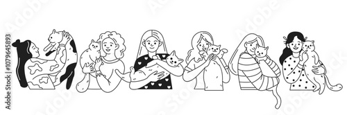 Happy women caressing adorable cats linear icons collection. Female pet owners with domestic animals characters set on white background