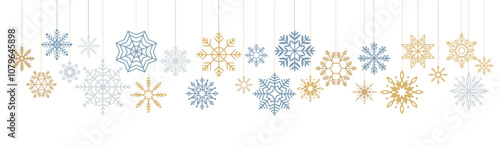 Elegant golden silver and blue snowflakes hanging linear icons collection. Festive atmosphere for winter holidays objects set on white