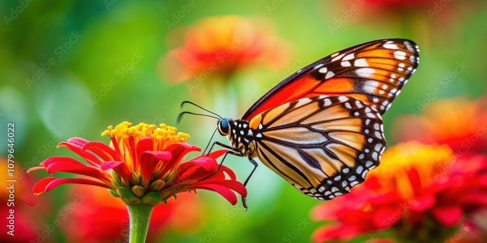 Fototapeta premium Colorful butterfly perched on a vibrant red flower in the beauty of nature, butterfly, colorful, red flower, nature