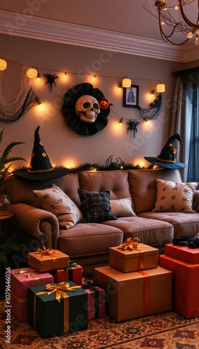 An inviting living room with a sofa, decked out in Halloween decorations including witch hats, cobwebs, and festive lights. Gift boxes in various sizes and colors are placed around.